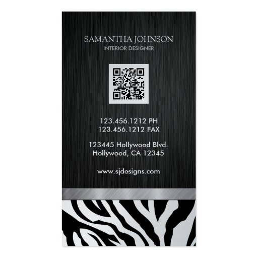 Professional Elegant Black & Silver Zebra Stripes Business Card (back side)