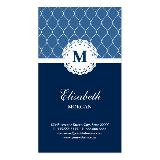 Professional & Elegant Blue Lace Pattern Business Card Templates (back side)