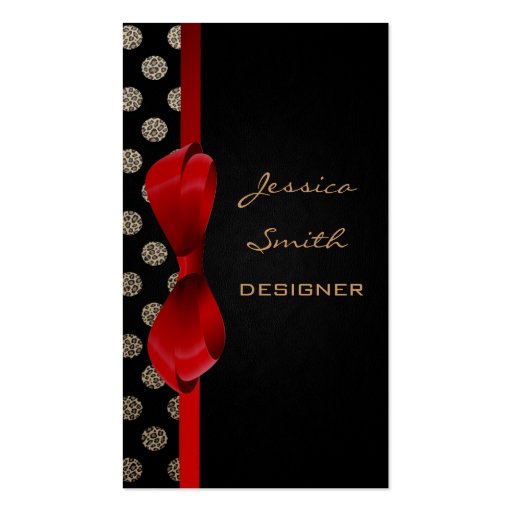 Professional elegant leopard print dots red bow business cards (front side)