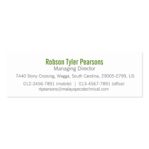 Professional green & white skinny business card (back side)