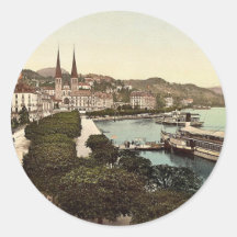 Promenade and cathedral, Lucerne, Switzerland clas Round Stickers