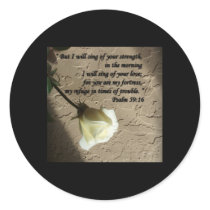 Psalm 59:16 White Rose Round Sticker