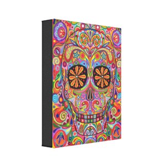 Psychedelic Colorful Sugar Skull Art on Canvas wrappedcanvas