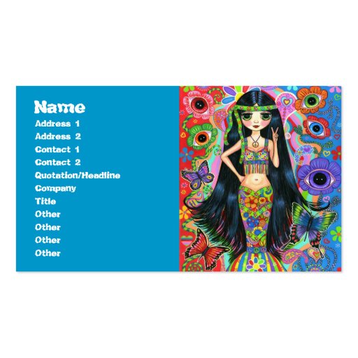 Psychedelic Hippie Girl Mermaid with Butterflies Business Card Template