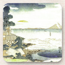 Pueblo japonés del vintage por el mar posavasos de bebidas