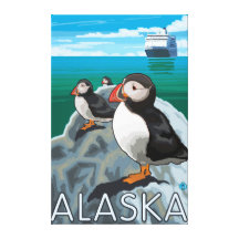 Puffins watching a Cruise Ship Stretched Canvas Print
