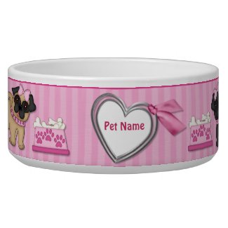 Pug Cuties Pink Stripe - Customize Dog Food Bowls