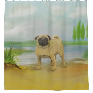 Pug dog by the river art shower curtain