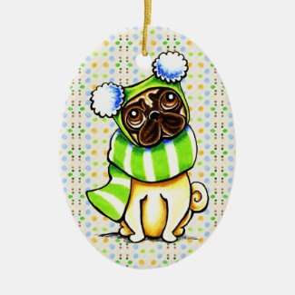 Pug Happy Scarf n Hat Winter Ornament