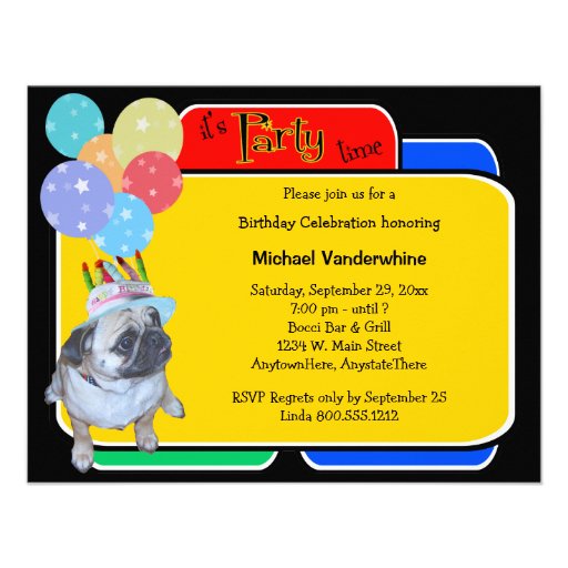 Pug In A Birthday Hat Birthday Barker Personalized Invites