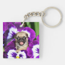 Pug in Pansies Acrylic Key Chains
