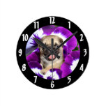 Pug in Pansies Round Wallclock