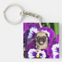 Pug in Pansies Square Acrylic Keychains