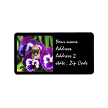 Pug puppy in pansies custom address label