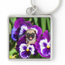 Pug puppy in pansies keychains