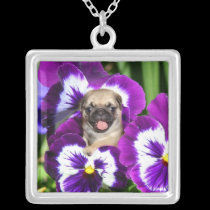 Pug puppy in pansies necklaces