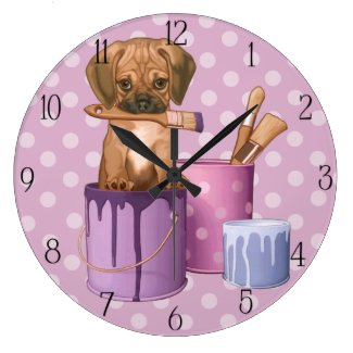 Puggle puppy in painting pot clocks