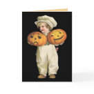  - Adorable vintage boy is holding two carved Halloween pumpkins. One is happy and one is sad. Text on pumpkins say Halloween Greetings.: Sizes 