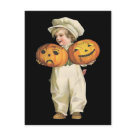  - Adorable vintage boy is holding two carved Halloween pumpkins. One is happy and one is sad. Text on pumpkins say Halloween Greetings.: Sizes 