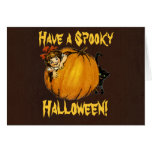 Pumpkin, Girl & Black Cat Vintage Halloween Card