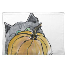 Pumpkin & Gray Kitten, Sumi-e Place Mats