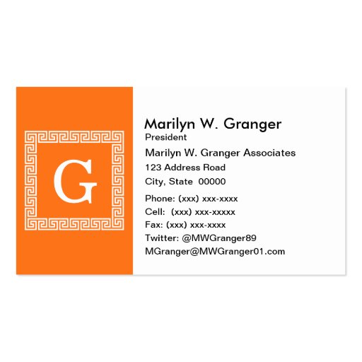 Pumpkin, White Greek Key #1 Framed Monogram Business Cards (front side)