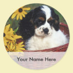 Puppy and Flowers in a Basket Bookplate Sticker