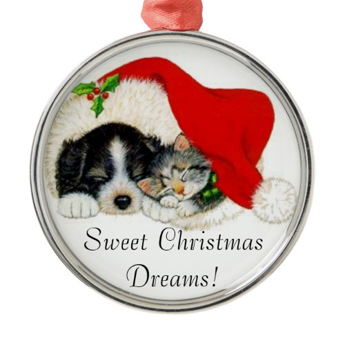 Puppy & Kitten Sleep In Santa Hat Ornament ornament