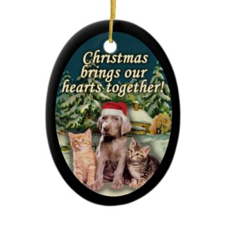 Puppy Kitten Snow Cabin Christmas Ornament