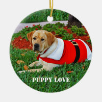 Puppy Love - Puppy in Santa Outfit Double-Sided Ceramic Round Christmas Ornament