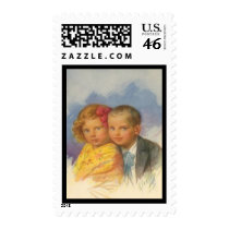 Puppy Love, Vintage Child, Boy & Girl Portrait postage by KahunaLuna Puppy Love, Vintage Child, Boy & Girl Portrait postage