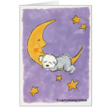 Puppy sleeping on the moon greeting cards