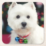 Puppy wearing Christmas bell on neck Square Paper Coaster