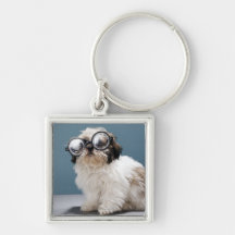 Puppy wearing thick glasses key chain