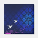 Pure white love birds on bluish damask pattern fridge magnets