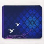 Pure white love birds on bluish damask pattern mousepads