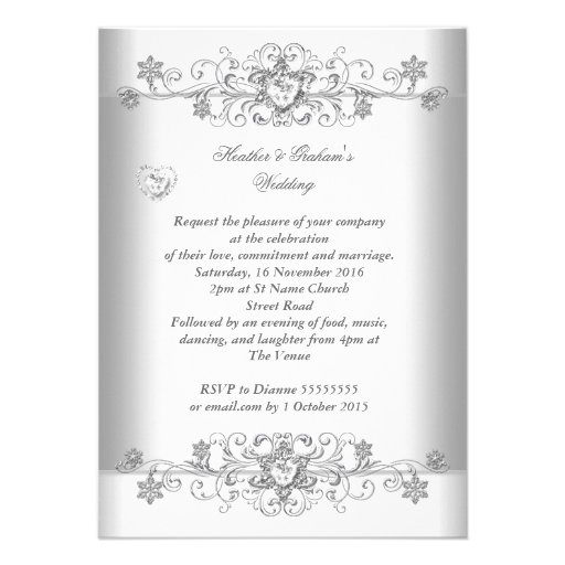 Pure White Wedding Silver Diamond Hearts Invite