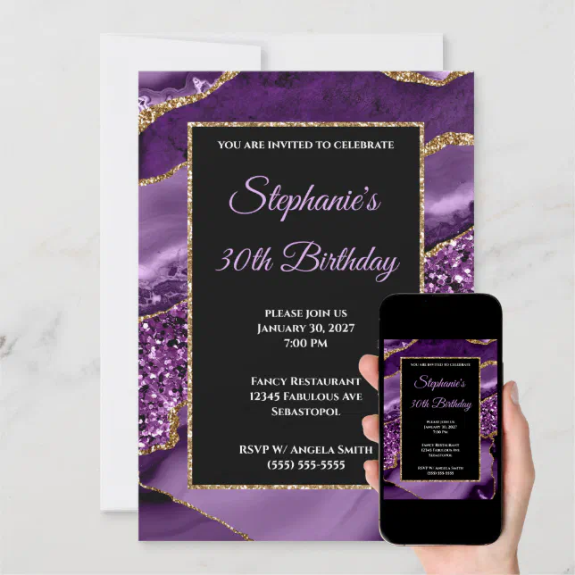 Purple Agate Gold Glitter Glam 30th Birthday Invitation Zazzle