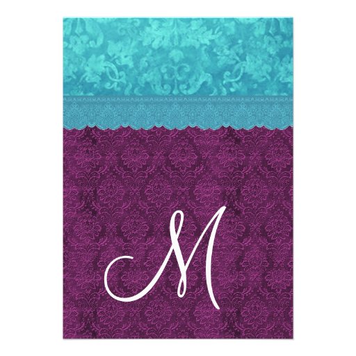 Purple and Aqua Blue Damask Wedding G500C Custom Announcement