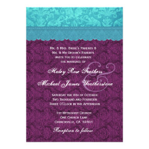 Purple and Aqua Blue Damask Wedding G500C Custom Announcement