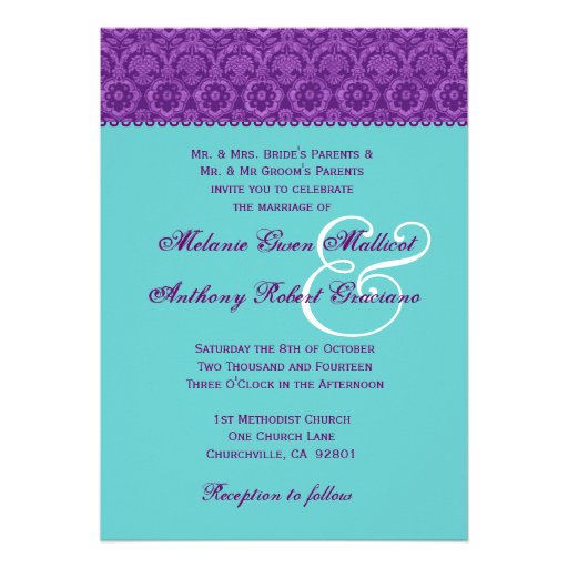 Purple and Aqua Vintage  Damask Wedding Monogram Invite
