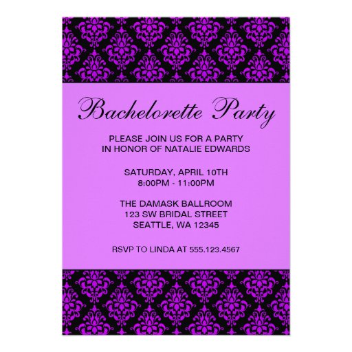 Purple and Black Damask Bachelorette Party Custom Invitations