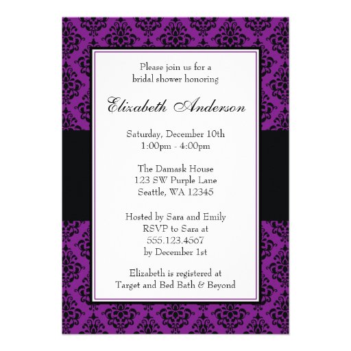 Purple and Black Damask Bridal Shower Invitations