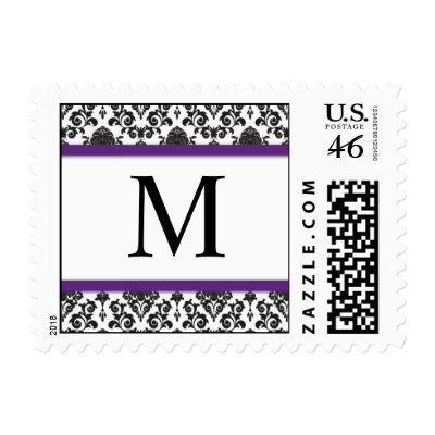 Purple and Black Damask Monogram Postage
