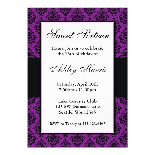 Purple and Black Damask Sweet Sixteen Birthday Custom Invites