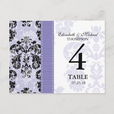 Customize this pretty black and light purple damask wedding table number 