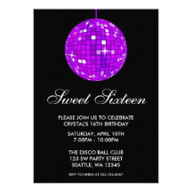 Purple and Black Disco Ball Sweet Sixteen Birthday Personalized Announcement