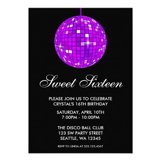 Purple and Black Disco Ball Sweet Sixteen Birthday Personalized Announcement