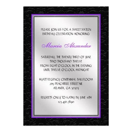 Purple and Black Floral Damask Diamond Heart Invitations