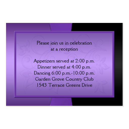 Purple and Black Floral Reception Enclosure Card Business Cards (back side)